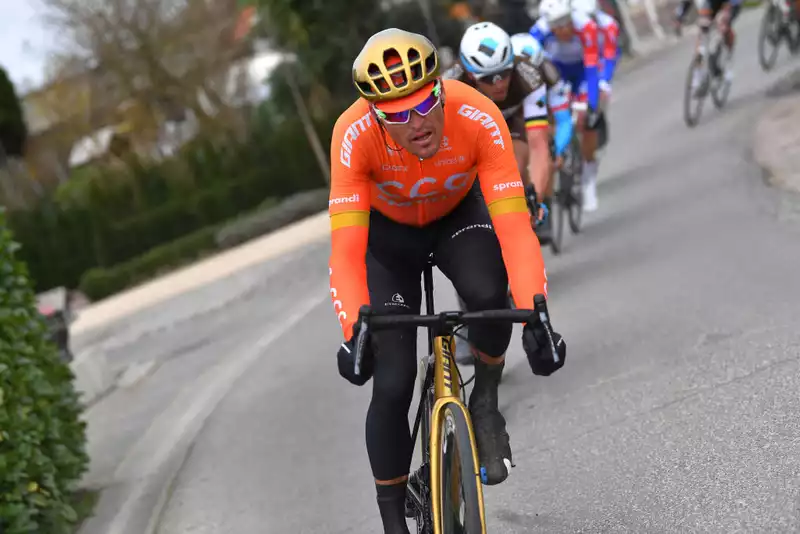 Juan Avermato on his way to the podium at his "favorite race," Strade Bianche.