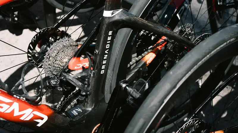 Ineos Grenadiers using a special superlight frame car repainted by the F1 company at the Vuelta a España